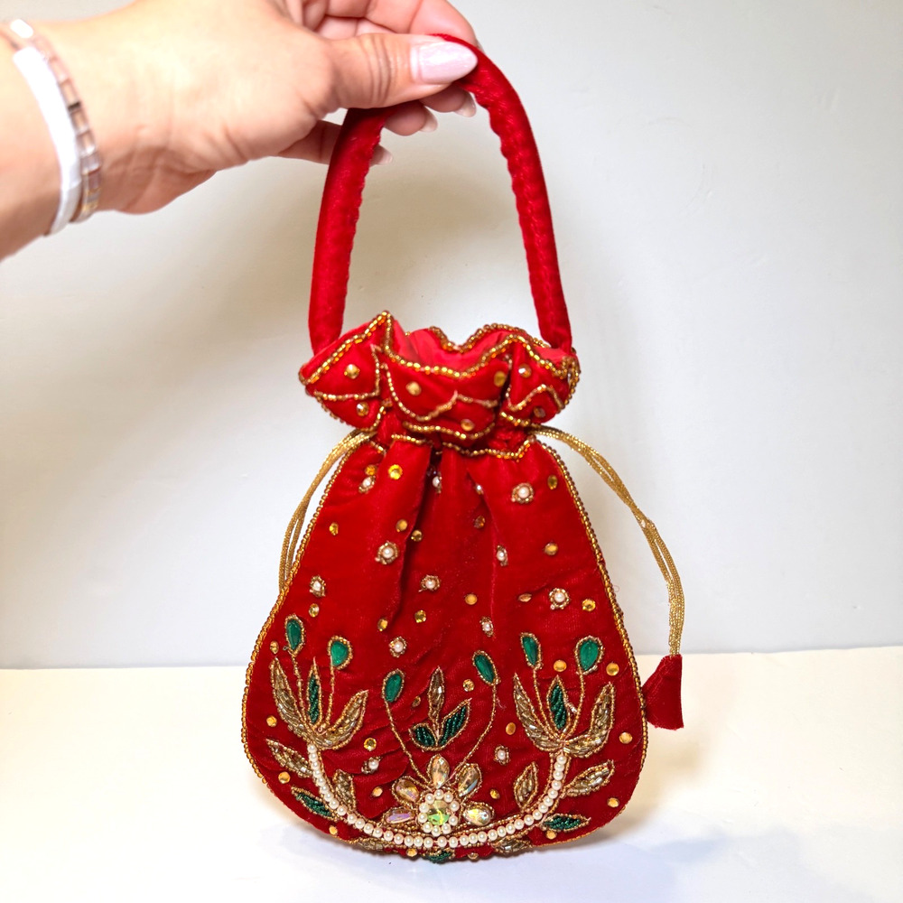 Red Velvet Beaded Potli Purse Pearl Floral Embroidered Drawstring Evening Bag